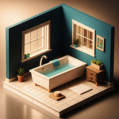 JPG 편집이미지 화분 액자 창문 탁자 욕조 사람없음 수건 3D 방 욕실 디지털합성 화장실 서랍장 청록색 아이소메트릭 베이지색 샤워용품 편집3D AI컴퓨터그래픽 AI콘텐츠 컬러 가구 생활용품 위생용품 파일형식
