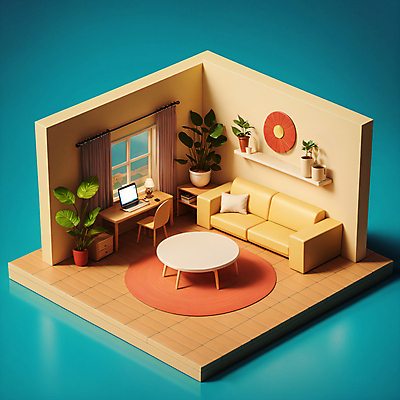 JPG 편집이미지 화분 쿠션 창문 탁자 사람없음 노트북 소파 노란색 3D 카펫 방 스탠드 커튼 디지털합성 서랍장 아이소메트릭 편집3D AI컴퓨터그래픽 AI콘텐츠 컬러 가구 의자 조명 전자제품 파일형식