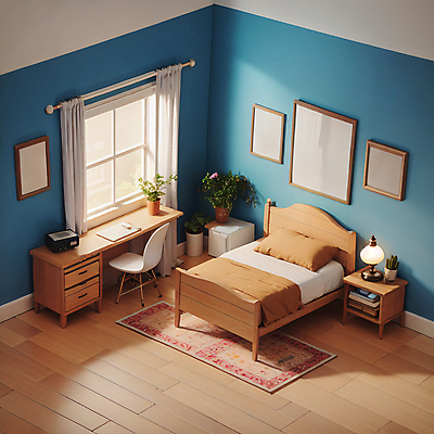 JPG 편집이미지 화분 액자 의자 창문 베개 사람없음 파란색 갈색 3D 카펫 방 침대 스탠드 커튼 책상 디지털합성 라디오 아이소메트릭 수면등 편집3D AI컴퓨터그래픽 AI콘텐츠 컬러 가구 침구 조명 전자제품 파일형식