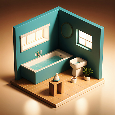JPG 편집이미지 화분 창문 탁자 욕조 사람없음 3D 거울 방 디지털합성 세면대 화장실 청록색 아이소메트릭 샤워용품 편집3D AI컴퓨터그래픽 AI콘텐츠 컬러 가구 생활용품 파일형식