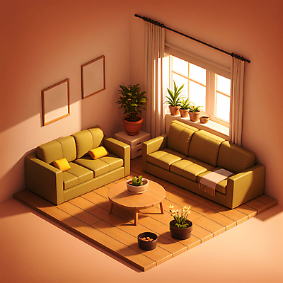 JPG 편집이미지 화분 액자 쿠션 거실 창문 탁자 사람없음 소파 3D 방 커튼 디지털합성 나무바닥 아이소메트릭 편집3D AI컴퓨터그래픽 AI콘텐츠 가구 의자 바닥 파일형식