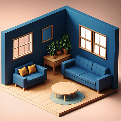 JPG 편집이미지 화분 액자 쿠션 창문 탁자 사람없음 파란색 소파 3D 카펫 방 디지털합성 아이소메트릭 편집3D AI컴퓨터그래픽 AI콘텐츠 컬러 가구 의자 파일형식
