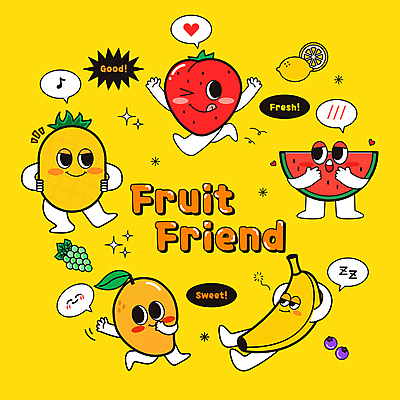 허리손 말풍선 일러스트 딸기 수박 바나나 윙크 사람없음 반짝임 눕기 달리기 노란색 자신감 수줍음 레몬 파인애플 청포도 블루베리 과일캐릭터 망고 월간캐릭터 일러캐릭터 AI파일 캐릭터 감정 컬러 포즈 과일 모션 포도 표정 열대과일 파일형식 벡터