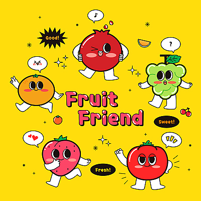 허리손 말풍선 토마토 일러스트 딸기 귤 사람없음 반짝임 달리기 노란색 손들기 걷기 파이팅 주먹 체리 멜론 즐거움 호기심 청포도 브이 과일캐릭터 석류 홍시 월간캐릭터 일러캐릭터 AI파일 캐릭터 감정 컬러 포즈 컨셉 채소 과일 모션 포도 감 손짓 파일형식 벡터