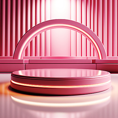 JPG 편집이미지 분홍색 사람없음 반사 전시 원형 입체 디지털합성 단상 시상대 포디움 편집소스 편집실사 AI컴퓨터그래픽 AI콘텐츠 도형 컬러 무대 CG 파일형식
