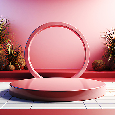 JPG 편집이미지 화초 분홍색 사람없음 전시 원형 풀잎 입체 디지털합성 단상 시상대 포디움 편집소스 편집실사 AI컴퓨터그래픽 AI콘텐츠 도형 식물 컬러 잎 무대 풀_식물 CG 파일형식
