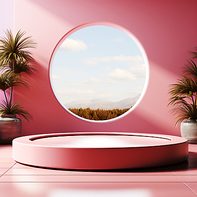 JPG 구름 편집이미지 화초 분홍색 하늘 사람없음 전시 원형 풀잎 입체 디지털합성 단상 시상대 포디움 편집소스 편집실사 AI컴퓨터그래픽 AI콘텐츠 자연요소 도형 식물 컬러 잎 무대 풀_식물 CG 파일형식