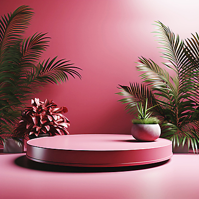 JPG 편집이미지 화분 화초 분홍색 사람없음 전시 원형 풀잎 입체 디지털합성 단상 시상대 포디움 편집소스 편집실사 AI컴퓨터그래픽 AI콘텐츠 도형 식물 컬러 잎 무대 풀_식물 CG 파일형식