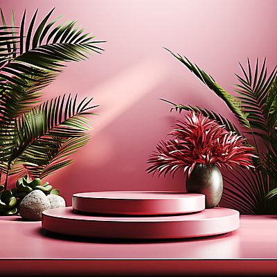 JPG 편집이미지 화분 화초 분홍색 사람없음 전시 원형 풀잎 입체 디지털합성 단상 시상대 포디움 편집소스 편집실사 AI컴퓨터그래픽 AI콘텐츠 도형 식물 컬러 잎 무대 풀_식물 CG 파일형식