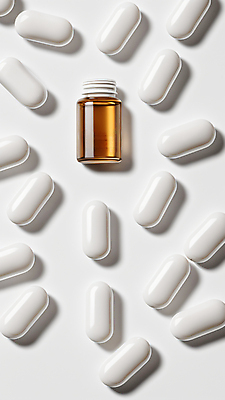 JPG 편집이미지 그림자 사람없음 알약 약 흰색 약병 많음 편집실사 AI포토 AI콘텐츠 컬러 컨셉 의학 CG 병_담는 파일형식