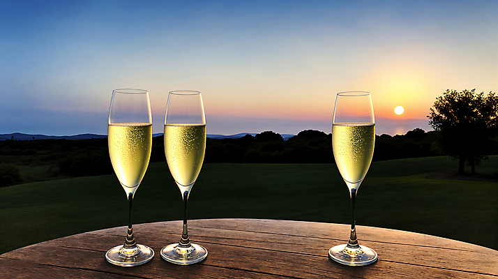 JPG 편집이미지 와인잔 하늘 산 풍경 사람없음 일몰 나무탁자 스파클링와인 편집실사 AI포토 AI콘텐츠 술잔 탁자 주류 노을 CG 탄산 파일형식