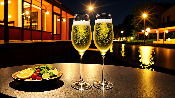 JPG 편집이미지 와인잔 과일 탁자 조명 풍경 사람없음 빛 야간 스파클링와인 편집실사 AI포토 AI콘텐츠 자연요소 가구 술잔 주류 CG 탄산 파일형식