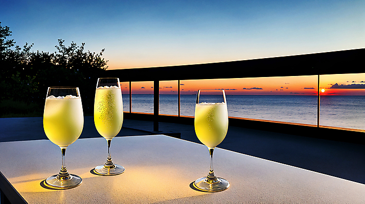 JPG 편집이미지 바다 와인잔 탁자 하늘 풍경 사람없음 일몰 발코니 스파클링와인 편집실사 AI포토 AI콘텐츠 가구 술잔 주류 노을 CG 탄산 파일형식