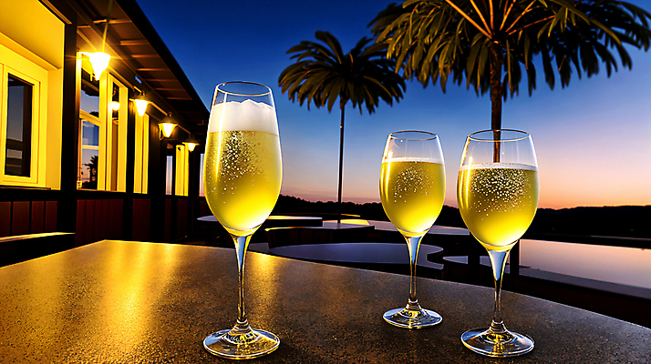 JPG 편집이미지 와인잔 탁자 밤하늘 조명 주택 풍경 사람없음 빛 야자수 일몰 스파클링와인 편집실사 AI포토 AI콘텐츠 나무 가구 술잔 하늘 주류 건물 노을 야간 CG 탄산 파일형식