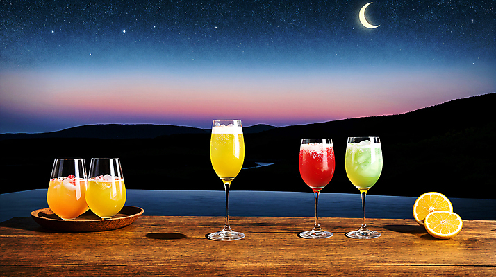 JPG 편집이미지 와인잔 오렌지 과일 밤하늘 풍경 사람없음 일몰 달 칵테일 나무접시 나무탁자 스파클링와인 편집실사 AI포토 AI콘텐츠 자연요소 접시 술잔 탁자 하늘 주류 노을 야간 CG 탄산 파일형식