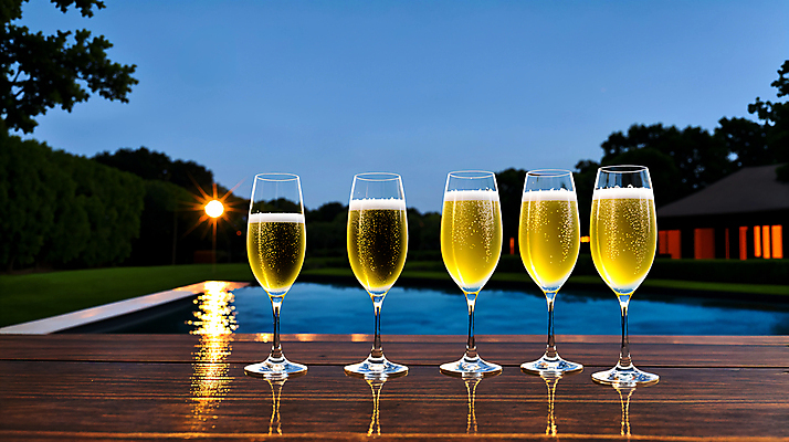 JPG 편집이미지 와인잔 밤하늘 하늘 수영장 풍경 사람없음 빛 나무탁자 스파클링와인 편집실사 AI포토 AI콘텐츠 술잔 탁자 주류 야간 CG 탄산 파일형식