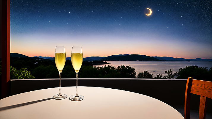 JPG 편집이미지 호수 바다 와인잔 의자 탁자 밤하늘 풍경 사람없음 달 스파클링와인 편집실사 AI포토 AI콘텐츠 자연요소 가구 술잔 하늘 주류 야간 CG 탄산 파일형식