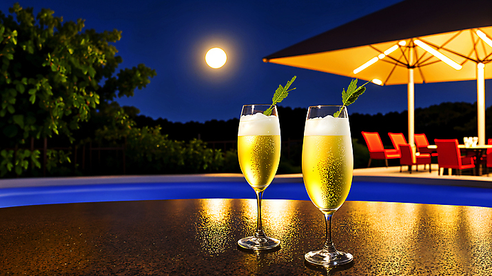 JPG 편집이미지 와인잔 탁자 밤하늘 나뭇잎 수영장 풍경 사람없음 달 스파클링와인 편집실사 AI포토 AI콘텐츠 자연요소 가구 잎 술잔 하늘 주류 야간 CG 탄산 파일형식