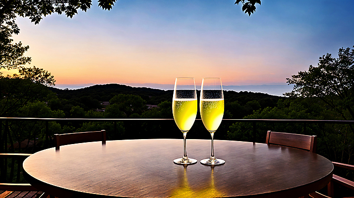 JPG 편집이미지 와인잔 탁자 하늘 나뭇잎 산 풍경 사람없음 일몰 나무탁자 스파클링와인 편집실사 AI포토 AI콘텐츠 가구 잎 술잔 주류 노을 CG 탄산 파일형식