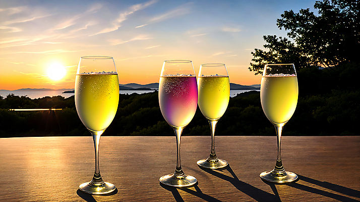 JPG 편집이미지 와인잔 탁자 하늘 나뭇잎 산 풍경 사람없음 일몰 스파클링와인 편집실사 AI포토 AI콘텐츠 가구 잎 술잔 주류 노을 CG 탄산 파일형식