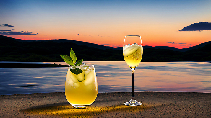 JPG 편집이미지 바다 와인잔 탁자 하늘 산 풍경 사람없음 일몰 칵테일 스파클링와인 편집실사 AI포토 AI콘텐츠 가구 술잔 주류 노을 CG 탄산 파일형식