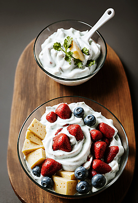 JPG 편집이미지 그릇 음식 딸기 치즈 수저 사람없음 민트 디지털합성 블루베리 토핑 요거트 나무도마 편집소스 편집실사 AI포토 AI콘텐츠 식기 과일 유제품 도마 목재 허브 CG 파일형식
