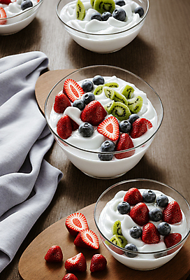 JPG 편집이미지 그릇 음식 딸기 도마 키위 사람없음 천 디지털합성 블루베리 토핑 요거트 나무탁자 편집소스 편집실사 AI포토 AI콘텐츠 식기 과일 탁자 주방용품 유제품 직물 CG 파일형식