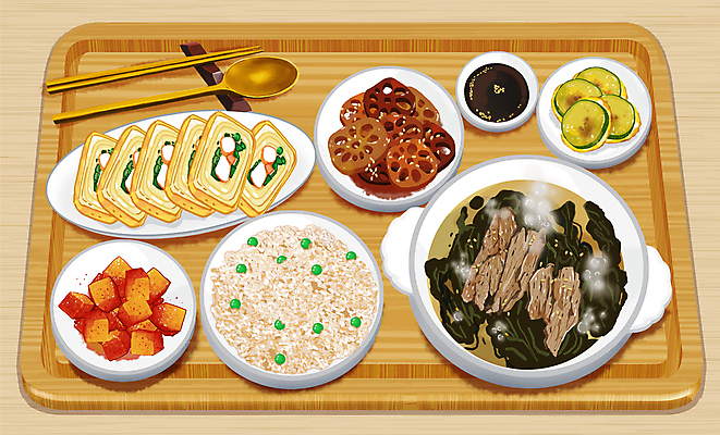 PSD 한식 음식 일러스트 젓가락 밥 반찬 수저 사람없음 숟가락 깍두기 간장 정식 계란말이 나무쟁반 미역국 연근조림 호박전 국내일러스트 식기 김치 쟁반 목재 양념 계란요리 전 국 조림 파일형식