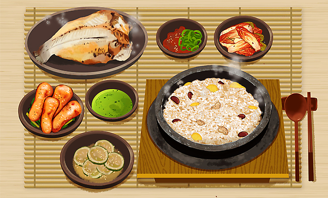 PSD 한식 음식 일러스트 반찬 김치 수저 사람없음 고추장 머스터드 생선구이 정식 파 총각김치 돌솥밥 국내일러스트 식기 채소 밥 양념 소스_음식 구이 생선요리 파일형식