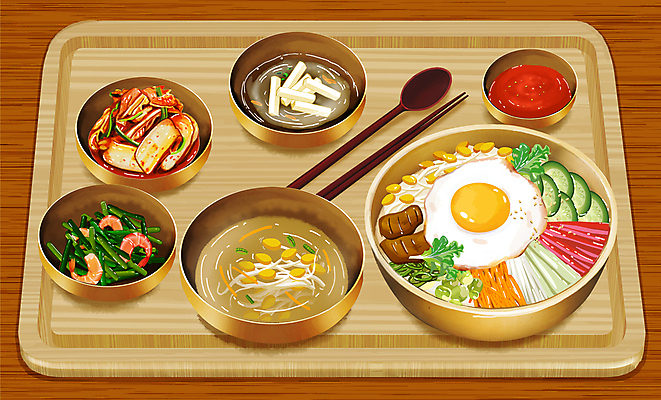 PSD 한식 음식 일러스트 젓가락 김치 수저 사람없음 고추장 계란프라이 비빔밥 정식 마늘쫑새우볶음 콩나물국 국내일러스트 식기 양념 계란요리 볶음 국물 파일형식