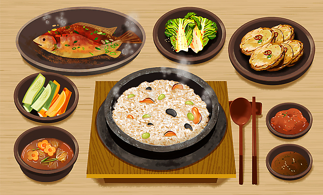 PSD 한식 음식 일러스트 반찬 오이 수저 사람없음 당근 양념 간장 생선구이 배추김치 정식 물김치 겉절이 돌솥밥 호박전 국내일러스트 식기 채소 밥 김치 뿌리채소 전 구이 생선요리 파일형식