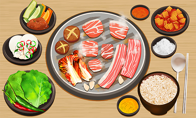 PSD 한식 음식 일러스트 밥 반찬 오이 사람없음 당근 소스 상추 깍두기 삼겹살 소금 정식 불판 고기구이 무쌈 쌈채소 국내일러스트 채소 김치 뿌리채소 돼지고기 양념 구이 파일형식