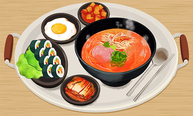 PSD 음식 일러스트 김치 쟁반 수저 사람없음 라면 상추 계란프라이 분식 깍두기 김밥 정식 국내일러스트 식기 한식 채소 면류 계란요리 파일형식