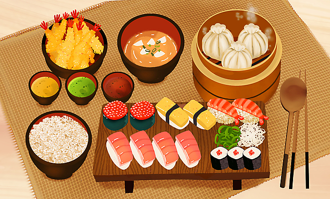 PSD 일러스트 밥 수저 사람없음 식사 초밥 소스 만두 새우튀김 알초밥 미소된장국 일본음식 국내일러스트 식기 음식 새우 튀김 양념 파일형식