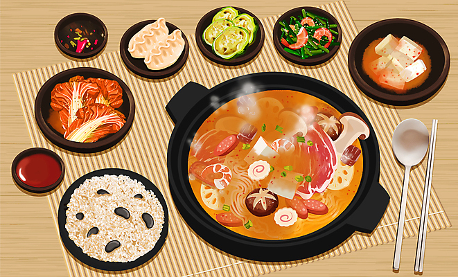 PSD 음식 일러스트 젓가락 밥 반찬 김치 사람없음 식사 소스 만두 마늘쫑새우볶음 마라탕 국내일러스트 한식 수저 중식 양념 볶음 파일형식