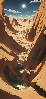 JPG 식물 구름 편집이미지 모래 하늘 풍경 사람없음 태양 갈색 골짜기 절벽 사막 오아시스 편집실사 AI포토 AI콘텐츠 자연요소 컬러 자연 CG 파일형식