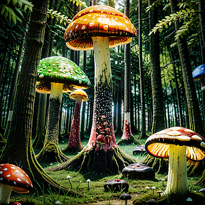 JPG 나무 편집이미지 자연 이끼 잔디 초원 사람없음 판타지 버섯 흙 돌_바위 숲속 큼 디지털합성 편집소스 편집실사 AI컴퓨터그래픽 AI콘텐츠 식물 상상 숲 크기 CG 생태계 파일형식