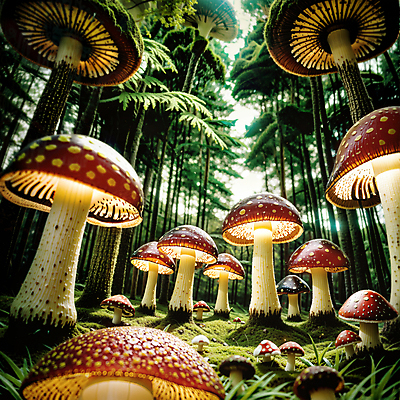 JPG 나무 편집이미지 자연 이끼 사람없음 판타지 버섯 숲속 큼 디지털합성 편집소스 편집실사 AI컴퓨터그래픽 AI콘텐츠 식물 상상 숲 크기 CG 생태계 파일형식