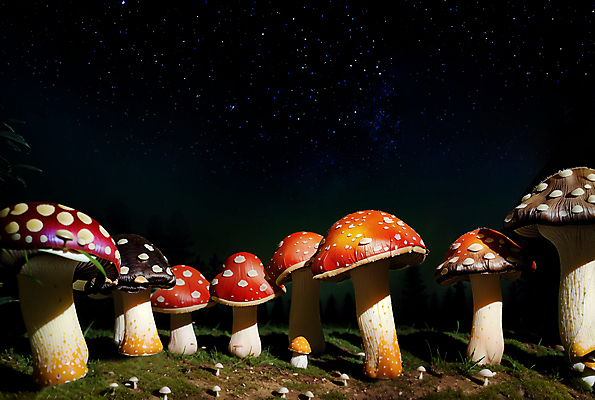 JPG 편집이미지 자연 밤하늘 사람없음 판타지 버섯 흙 큼 디지털합성 편집소스 편집실사 AI컴퓨터그래픽 AI콘텐츠 상상 하늘 야간 크기 CG 생태계 파일형식