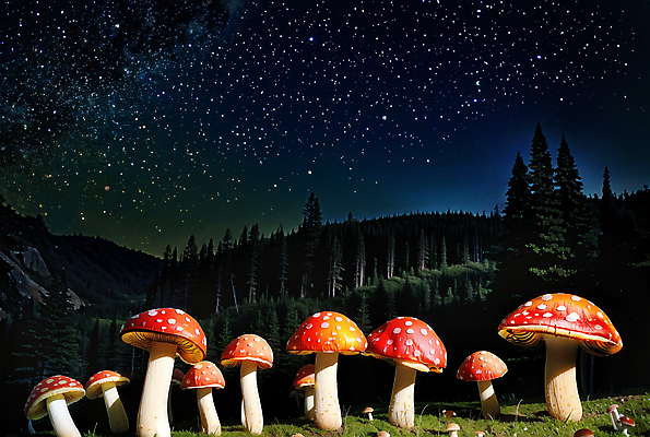 JPG 나무 편집이미지 자연 밤하늘 이끼 사람없음 판타지 버섯 큼 디지털합성 편집소스 편집실사 AI컴퓨터그래픽 AI콘텐츠 식물 상상 하늘 야간 크기 CG 생태계 파일형식