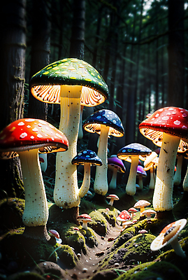 JPG 나무 편집이미지 길 자연 이끼 사람없음 판타지 버섯 흙 숲속 큼 디지털합성 편집소스 편집실사 AI컴퓨터그래픽 AI콘텐츠 식물 상상 숲 크기 CG 생태계 파일형식