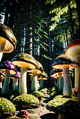 JPG 나무 편집이미지 자연 이끼 사람없음 판타지 버섯 흙 숲속 큼 디지털합성 편집소스 편집실사 AI컴퓨터그래픽 AI콘텐츠 식물 상상 숲 크기 CG 생태계 파일형식