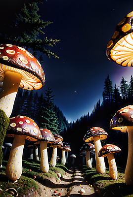 JPG 편집이미지 길 자연 밤하늘 이끼 사람없음 판타지 버섯 흙 숲속 큼 디지털합성 편집소스 편집실사 AI컴퓨터그래픽 AI콘텐츠 상상 하늘 야간 숲 크기 CG 생태계 파일형식