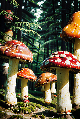 JPG 편집이미지 자연 나뭇잎 이끼 사람없음 판타지 버섯 흙 숲속 큼 디지털합성 편집소스 편집실사 AI컴퓨터그래픽 AI콘텐츠 잎 상상 숲 크기 CG 생태계 파일형식