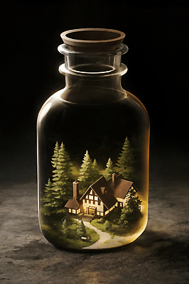 JPG 나무 편집이미지 유리병 주택 사람없음 빛 병 디지털합성 담기 편집소스 편집실사 AI컴퓨터그래픽 AI콘텐츠 식물 식기 모션 병_용기 건물 CG 파일형식