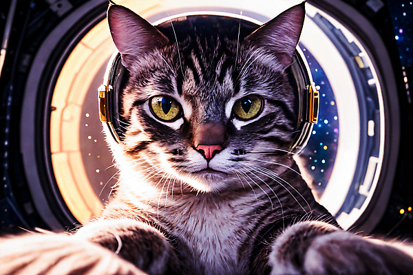 JPG 편집이미지 한마리 응시 사람없음 우주 헤드셋 고양이 우주비행사 우주선 디지털합성 우주복 편집소스 편집실사 AI컴퓨터그래픽 AI콘텐츠 1 시선 옷 음향기기 포유류 반려동물 헤드폰 CG 파일형식