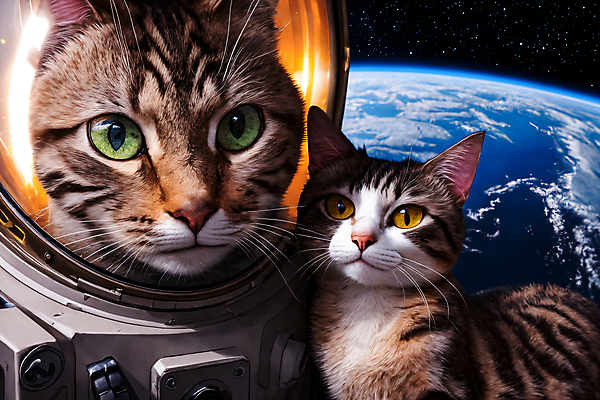 JPG 편집이미지 응시 지구 두마리 사람없음 우주 고양이 우주비행사 디지털합성 우주복 편집소스 편집실사 AI컴퓨터그래픽 AI콘텐츠 시선 옷 2 포유류 반려동물 CG 파일형식