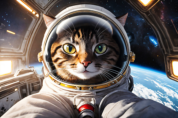 JPG 편집이미지 한마리 응시 지구 사람없음 우주 고양이 우주비행사 우주선 디지털합성 우주복 편집소스 편집실사 AI컴퓨터그래픽 AI콘텐츠 1 시선 옷 포유류 반려동물 CG 파일형식