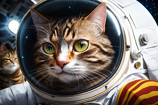 JPG 편집이미지 응시 두마리 사람없음 우주 고양이 우주비행사 우주선 디지털합성 우주복 편집소스 편집실사 AI컴퓨터그래픽 AI콘텐츠 시선 옷 2 포유류 반려동물 CG 파일형식