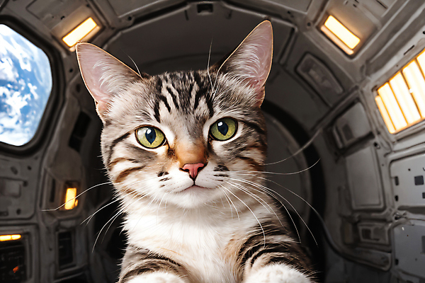 JPG 편집이미지 한마리 응시 사람없음 우주 고양이 우주비행사 우주선 디지털합성 우주복 편집소스 편집실사 AI컴퓨터그래픽 AI콘텐츠 1 시선 옷 포유류 반려동물 CG 파일형식